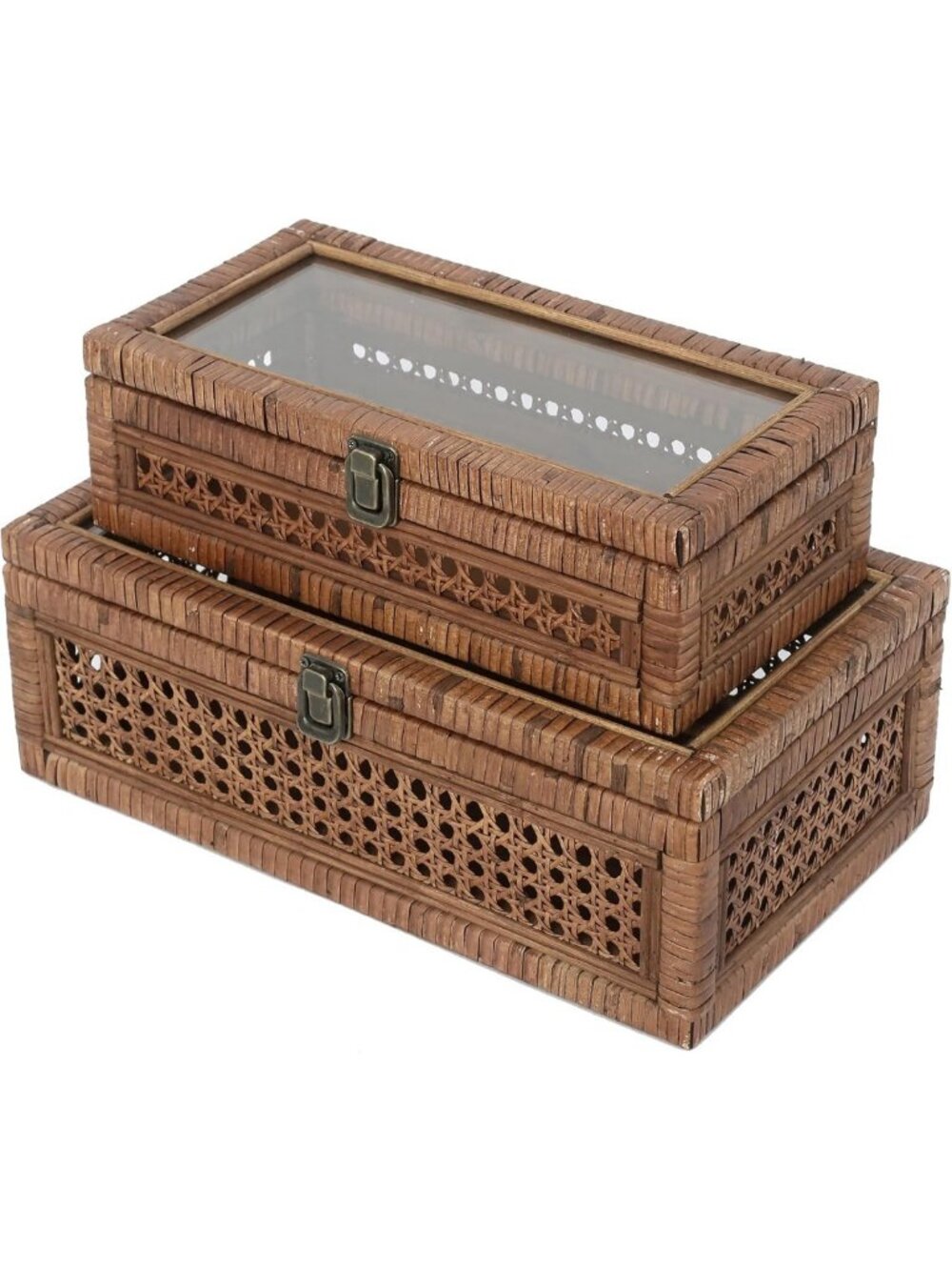 Set of 2 Brown Rattan & Cane Stacking Storage Boxes, 12" & 14" - Home Decor